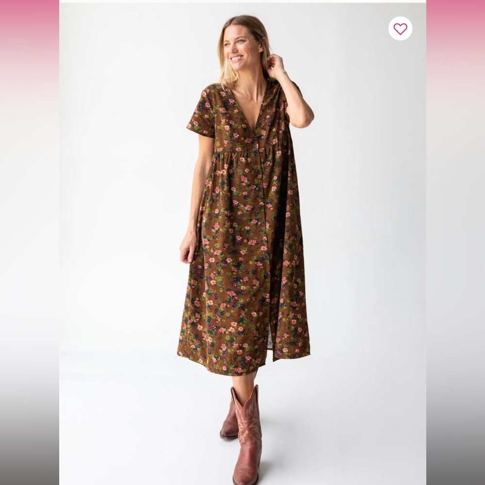 Avery Corduroy Midi Dress Green Brown Floral Bouquets